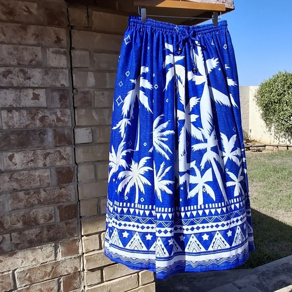Gypsy Blu Palm Tree Print Blue White Drawstring Midi Maxi Skirt Women Size Large - Picture 10 of 16